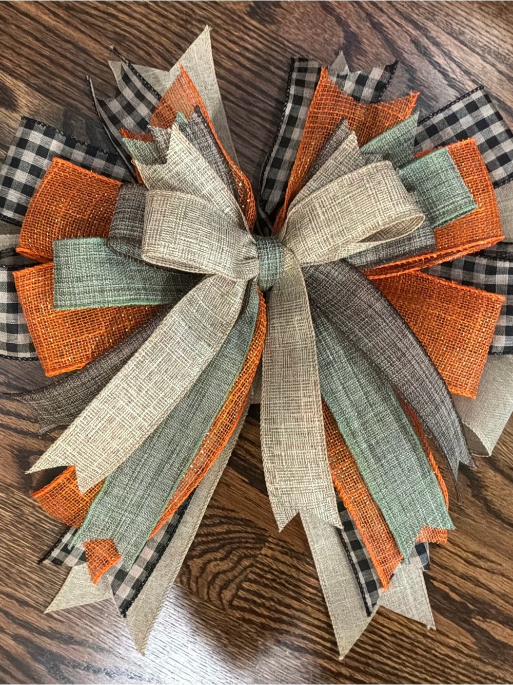 Rustic Burlap Holiday Bow in Orange, Sage, Beige & Black Plaid